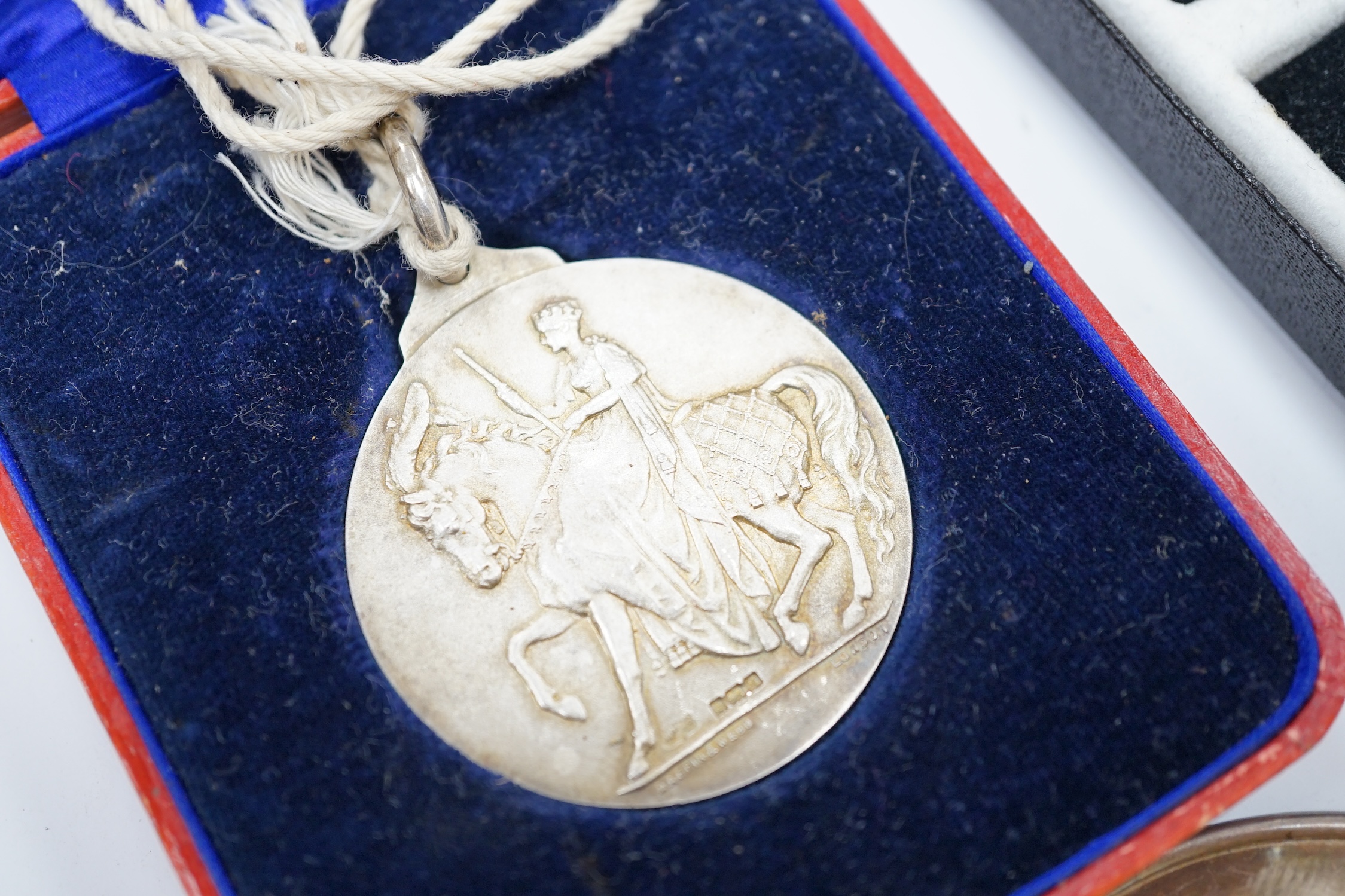 A late Victorian silver oval locket on a white metal chain and other jewellery etc., including three rings, a pocket watch and two modern silver brooches by Clive Edward Burr, largest 75mm. Condition - varies, poor to fa